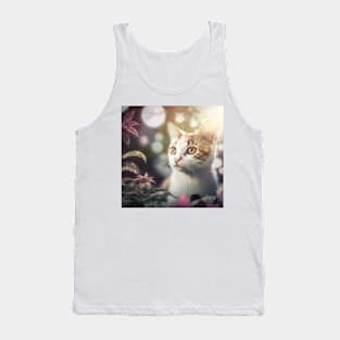 Cute White Cat Floral Background | White, brown and grey cat with blue eyes | Digital art Sticker Tank Top